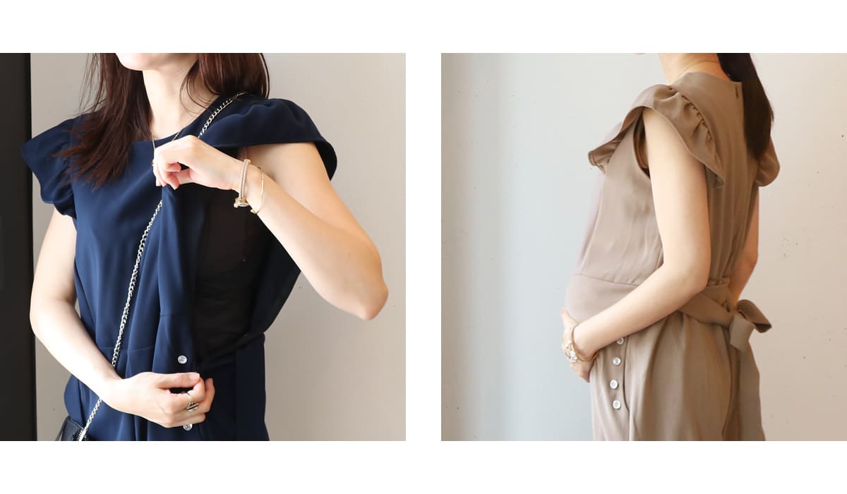 ＜授乳服・マタニティ＞ミシェル・ウエストリボン＆美脚ワイドスウィートサロペット