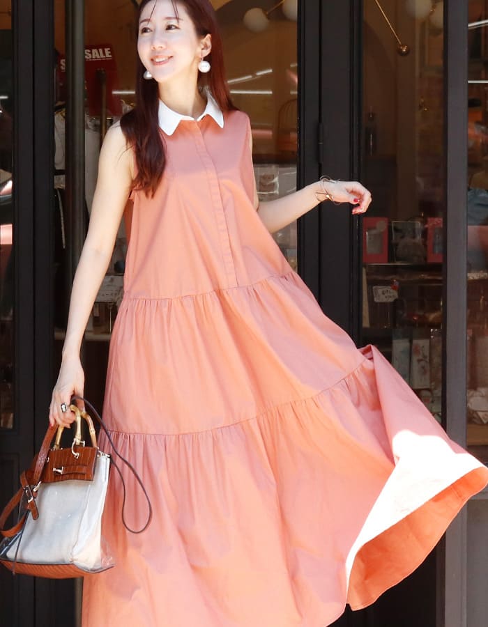 ウィロウ・上品カラーティアードノースリーブワンピース