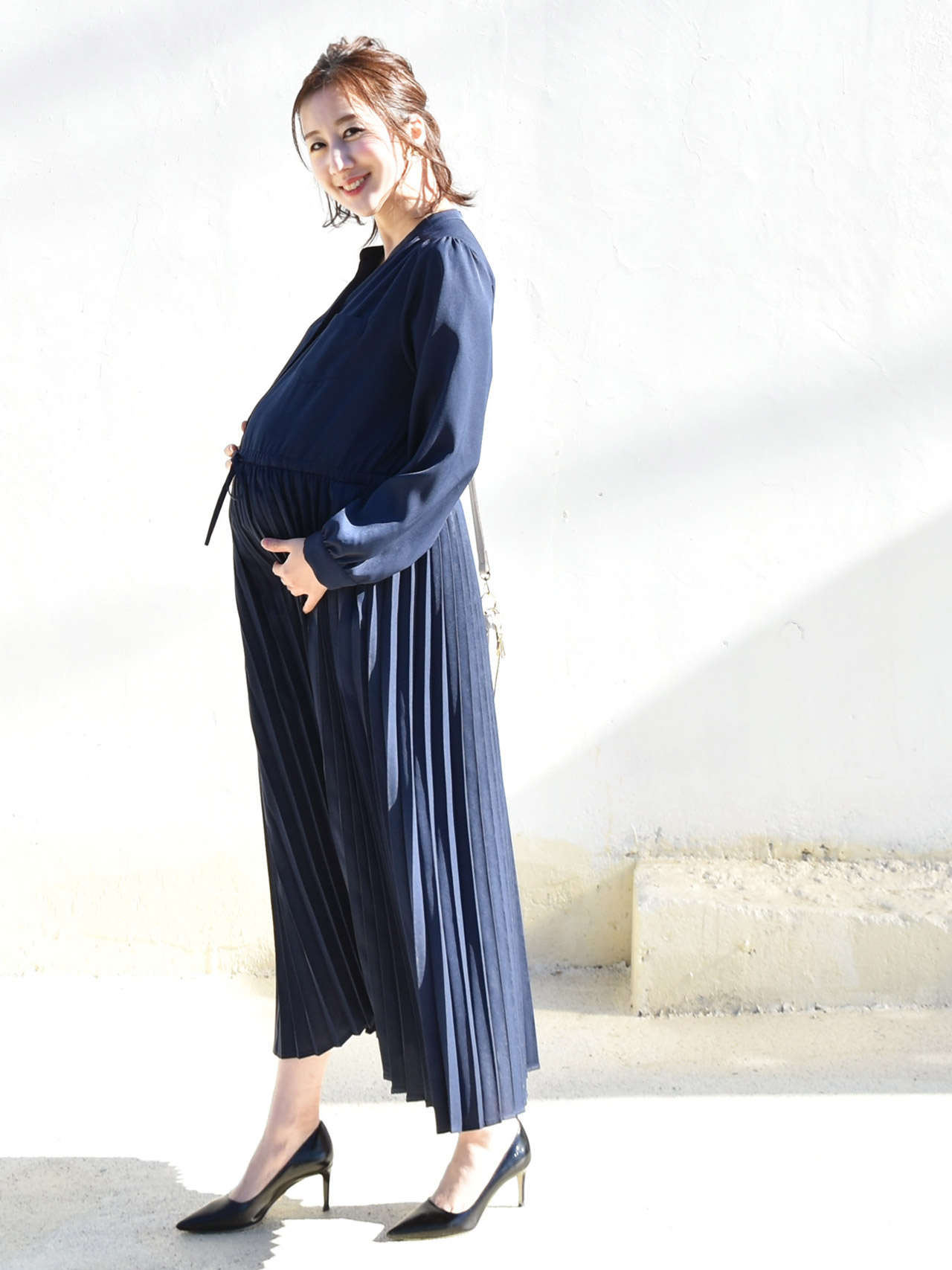 <授乳服・マタニティウエア>長袖ジュリア・広がる!美プリーツワンピース