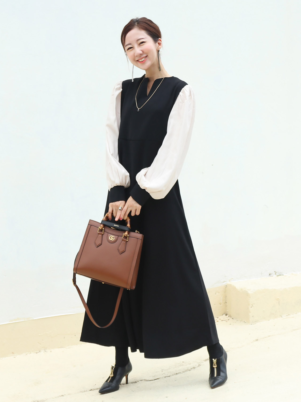 <授乳服・マタニティウエア>ナタリー・袖サテンエレガントロングワンピース