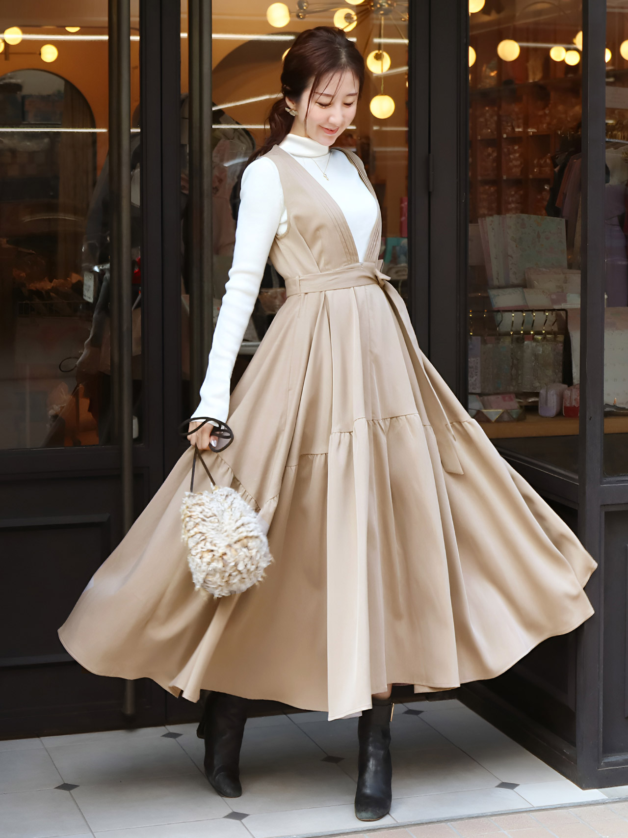 <授乳服・マタニティウエア>コメット・ボリュームロングリボンワンピース