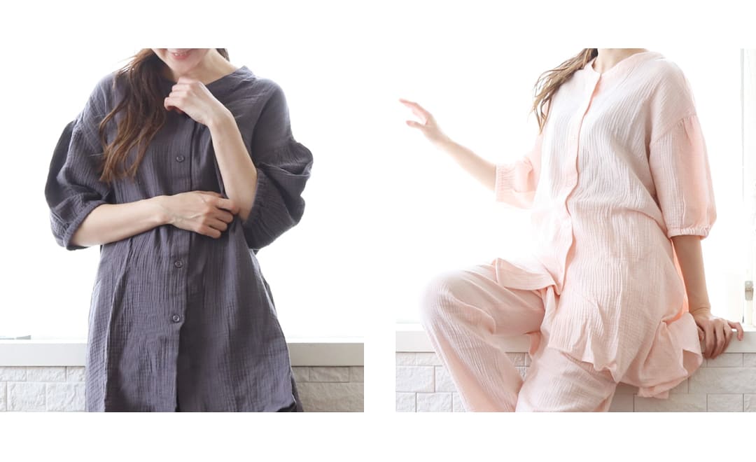 >涼しげなシボのコットン100％ボリューム袖パジャマ