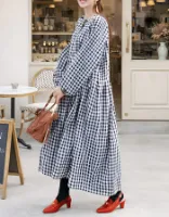 ＜授乳服・マタニティウエア＞ジェニー・綿100％ギンガムギャザーワンピース