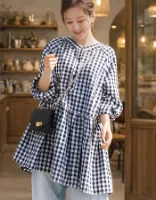 ＜授乳服・マタニティウエア＞ジェーン・綿100％ギンガムギャザーミニワンピース