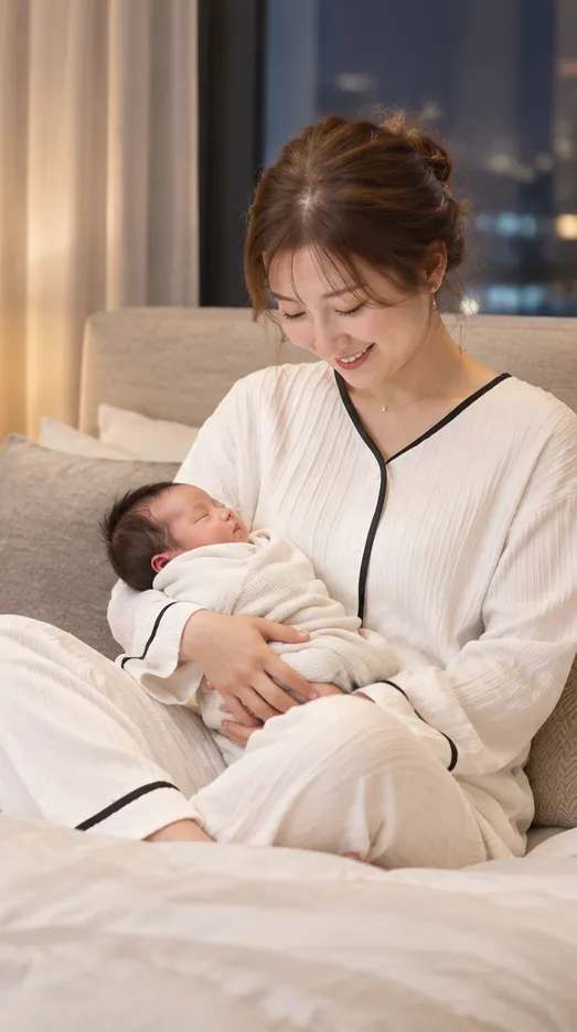 白いパジャマ姿で、生まれたばかりの赤ちゃんをやさしく抱くお母さん