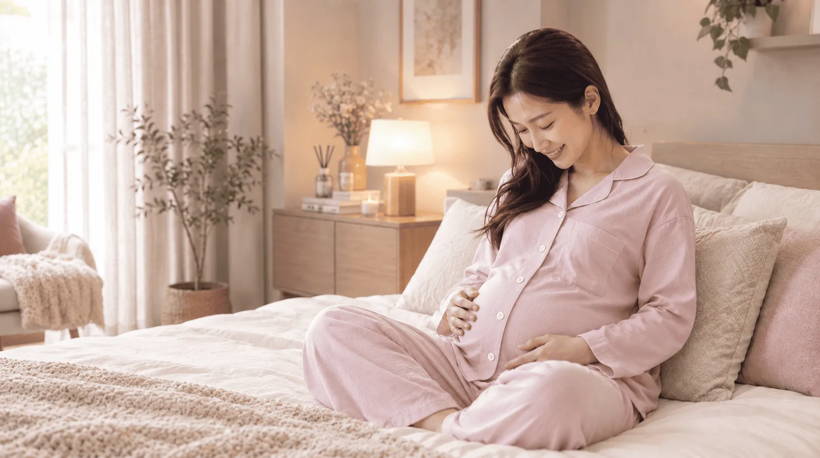淡いピンクのパジャマを着て、ベッドの上でお腹にそっと手を添える妊婦さん